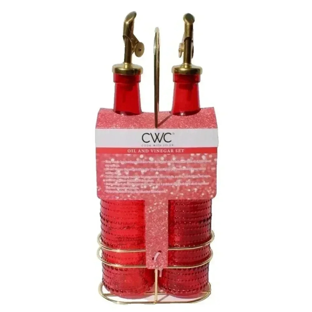New Red / Gold Olive Oil & Vinegar Bubble Glass Dispenser Set